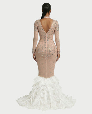 SOSANE Diamond High-Neck Feather Mermaid Maxi Dress