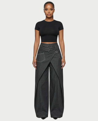 ZAREL Wrap-Waist Layered Wide-Leg Pants