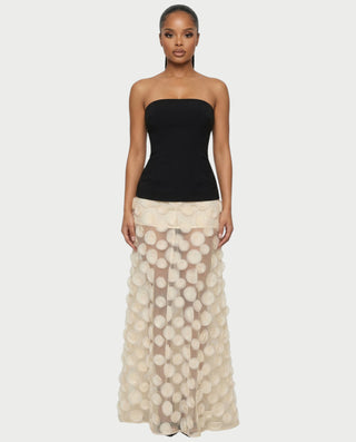 FAUNA Strapless Sheer Appliqué Maxi Dress