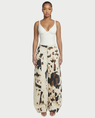 YUMINA Low-Rise Cow Print Wide Leg Pants