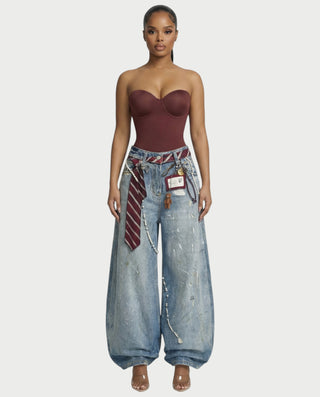 LORETA Graphic Tie Oversized Denim Pants