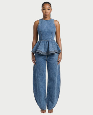 NALANI Peplum Denim Top & Wide-Leg Slit Pants Set