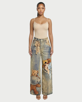 VASHA Teddy Bear Print Wide-Leg Denim Pants