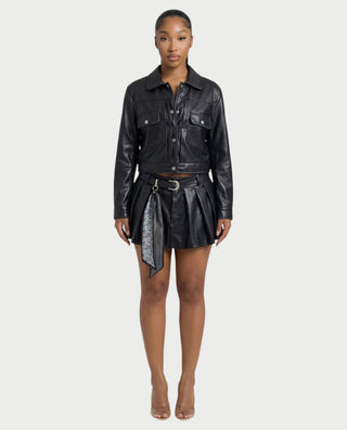 REVIA Faux Leather Jacket & Pleated Mini Skirt Set