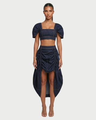 SOWIE Denim Puff Sleeve Top & Ruched Skirt Set