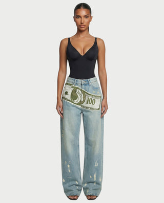 RONEYA Money Print Washed Denim Wide-Leg Pants