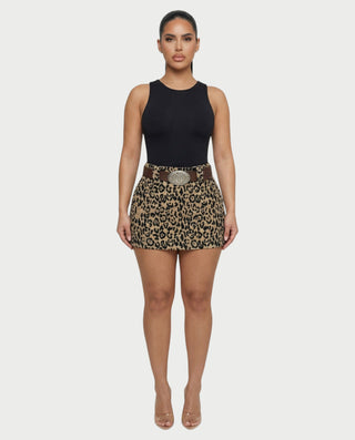 RIVAE Leopard Print Belted Mini Skirt