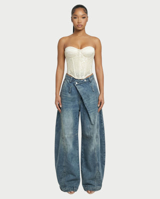 CIRAE Asymmetric Wrap-Waist Denim Pants