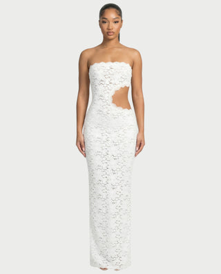 LAMINA Strapless Lace Cut-Out Maxi Dress