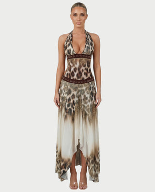SARANA Leopard Halter Neck Cut-Out Flowy Maxi Dress