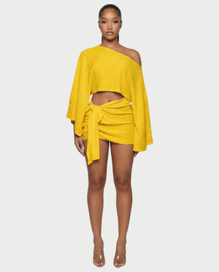 SAYUNA One-Shoulder Top & Tie-Front Mini Skirt Set