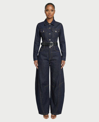 OFELIA Denim Belted Jacket & Wide-Leg Pants Set