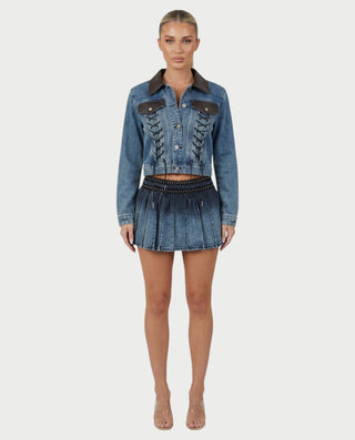 VERYL Lace-Up Denim Jacket & Pleated Mini Skort Set