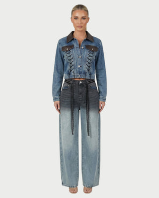 RANIA Lace-Up Denim Jacket & Wide-Leg Pants Set