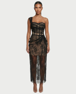MARIBETH Sheer Lace Corset One-Shoulder Maxi Dress