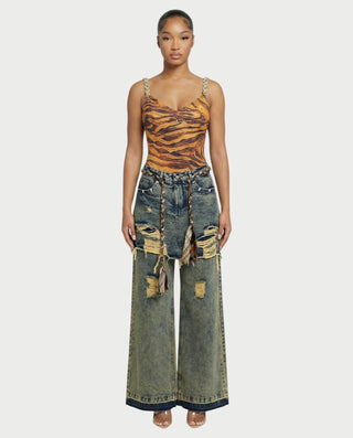LOMINA Braided Layered Ripped Denim Pants