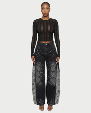 RUBINA Two-Tone Camo Panel Wide-Leg Denim Pants