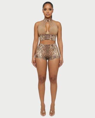 EMINA Snake Print Crop Top & High-Waisted Shorts Set