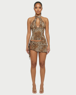 NICKA Leopard Corset Top & Side Tie Mini Skirt Set