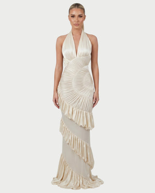 DALEYA Champagne Draped Pleated Ruffle Maxi Dress