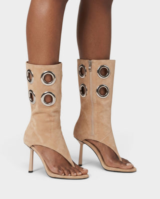 KENNA Metallic Eyelet Open-Toe Stiletto Heel Boots