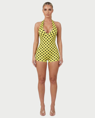 AMESA Retro Polka Dot Halter Tie Romper