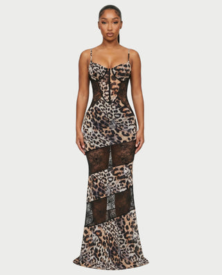 JOLINA Leopard Lace Panel Bodycon Maxi Dress