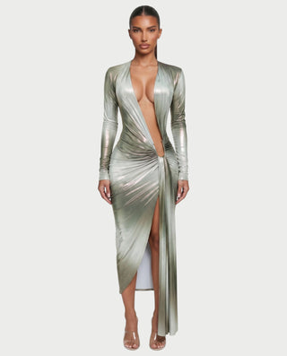 SAMINA Metallic Deep Plunge High Slit Maxi Dress