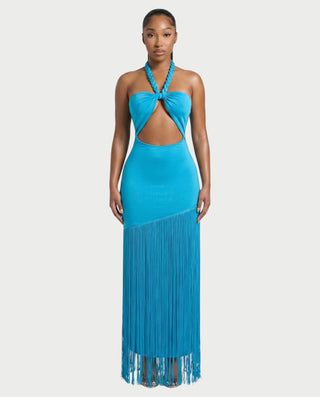 ORELA Braided Halter Fringe Maxi Dress