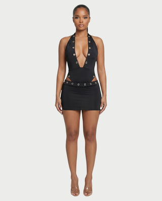 ELARIA Halter Plunge Bodysuit & Mini Skirt Set