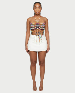 FAVINA Beaded Fringe Chain Strap Bralette Top