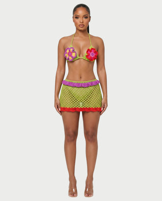 SOLENA Crochet Floral Bra Top & Mini Skirt Set