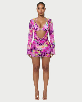 YIRANA Bikini & Mesh Long Sleeve Cover-Up Three-Piece Set