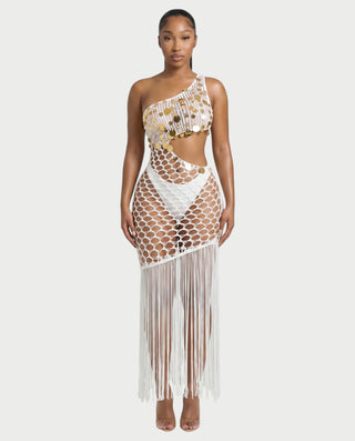 RORY Sequin Crochet Fringe Swim Cover-Up Dress