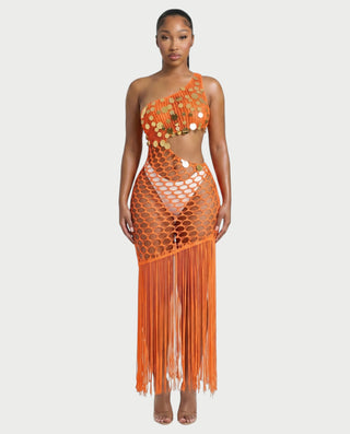 RORY Sequin Crochet Fringe Swim Cover-Up Dress