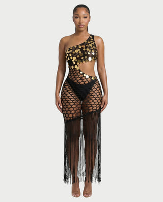 RORY Sequin Crochet Fringe Swim Cover-Up Dress