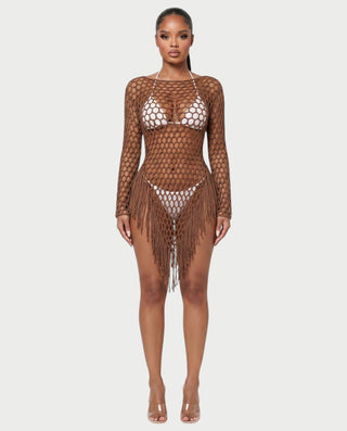 RESSA Open-Knit Tassel Swim Cover-Up Dress