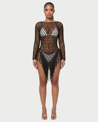 RESSA Open-Knit Tassel Swim Cover-Up Dress