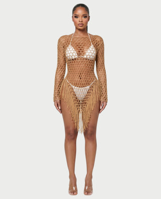 RESSA Open-Knit Tassel Swim Cover-Up Dress