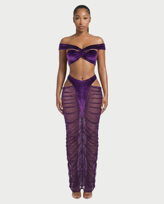 MURE Velvet Off-Shoulder Top & Mesh Skirt Set