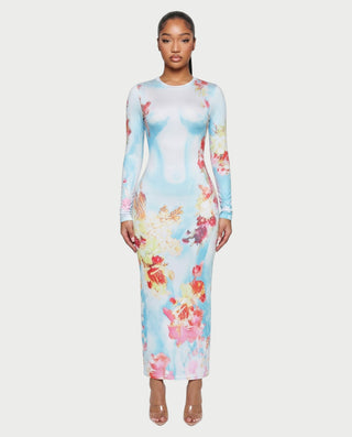 Vestido largo con estampado floral y efecto ilusión corporal VANESSA