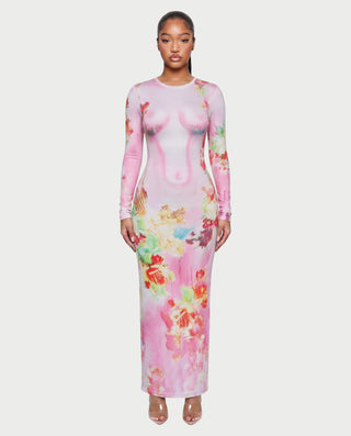 Vestido largo con estampado floral y efecto ilusión corporal VANESSA