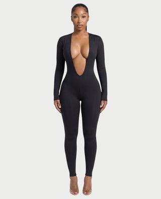VEYONA Plunge Neck Long Sleeve Jumpsuit