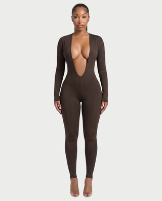 VEYONA Plunge Neck Long Sleeve Jumpsuit