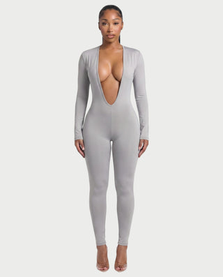 VEYONA Plunge Neck Long Sleeve Jumpsuit