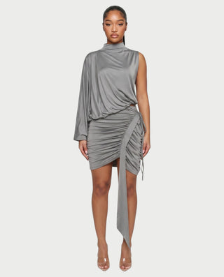 FINNA One-Sleeve Turtleneck Top & Ruched Skirt Set