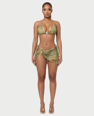 MARVINA Marble Print Bikini & Sarong Three-Piece Set