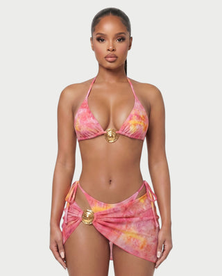MARVINA Marble Print Bikini & Sarong Three-Piece Set