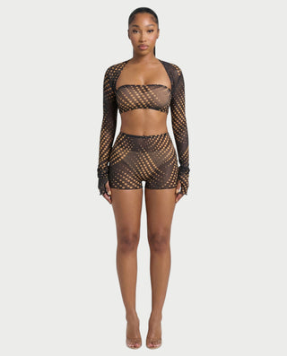 ELOWYN Sheer Dot 3-Piece Bolero, Bandeau Top & Shorts Set