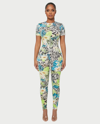 YSSA Tropical Print Short Sleeve Bodycon Jumpsuit